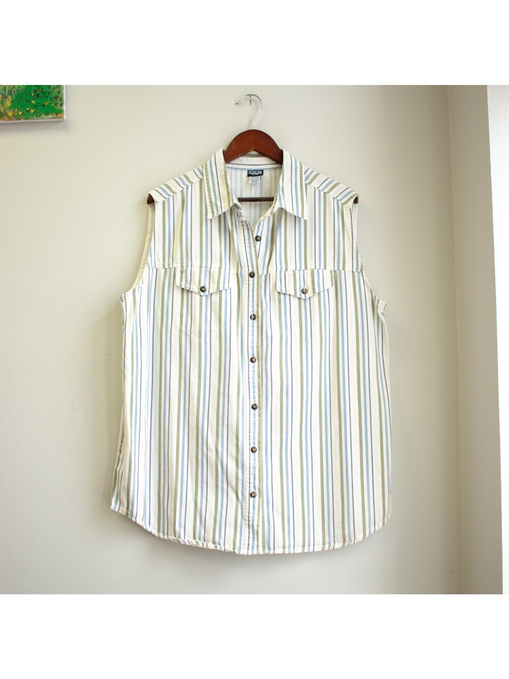 Women's Striped Summer Top Sleeveless Button-up 40/20W Green and Blue Striped